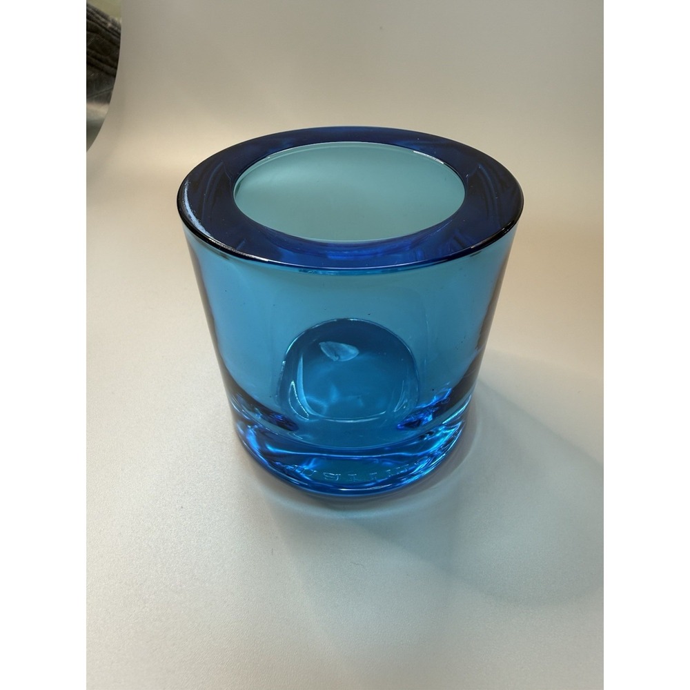 Marimekko kivi blue art glass tealight votive candle holder Iittala Finland